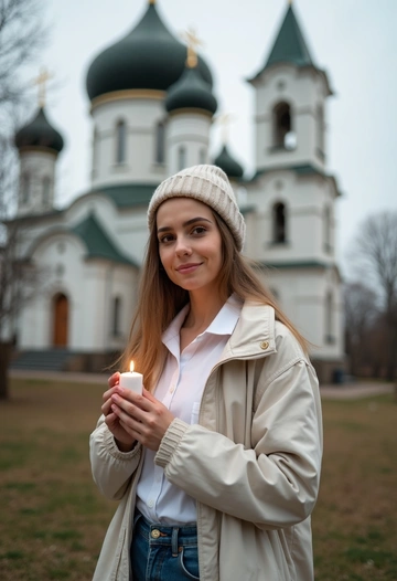 Женщина в лёгком пальто и светлом головном уборе стоит на фоне православного храма, её руки держат небольшую свечу. Она смотрит в камеру с благоговением, её глаза светятся искренностью. Позади купола и звонница, откуда доносится колокольный звон. Крупный план, подчёркивающий духовную наполненность момента.