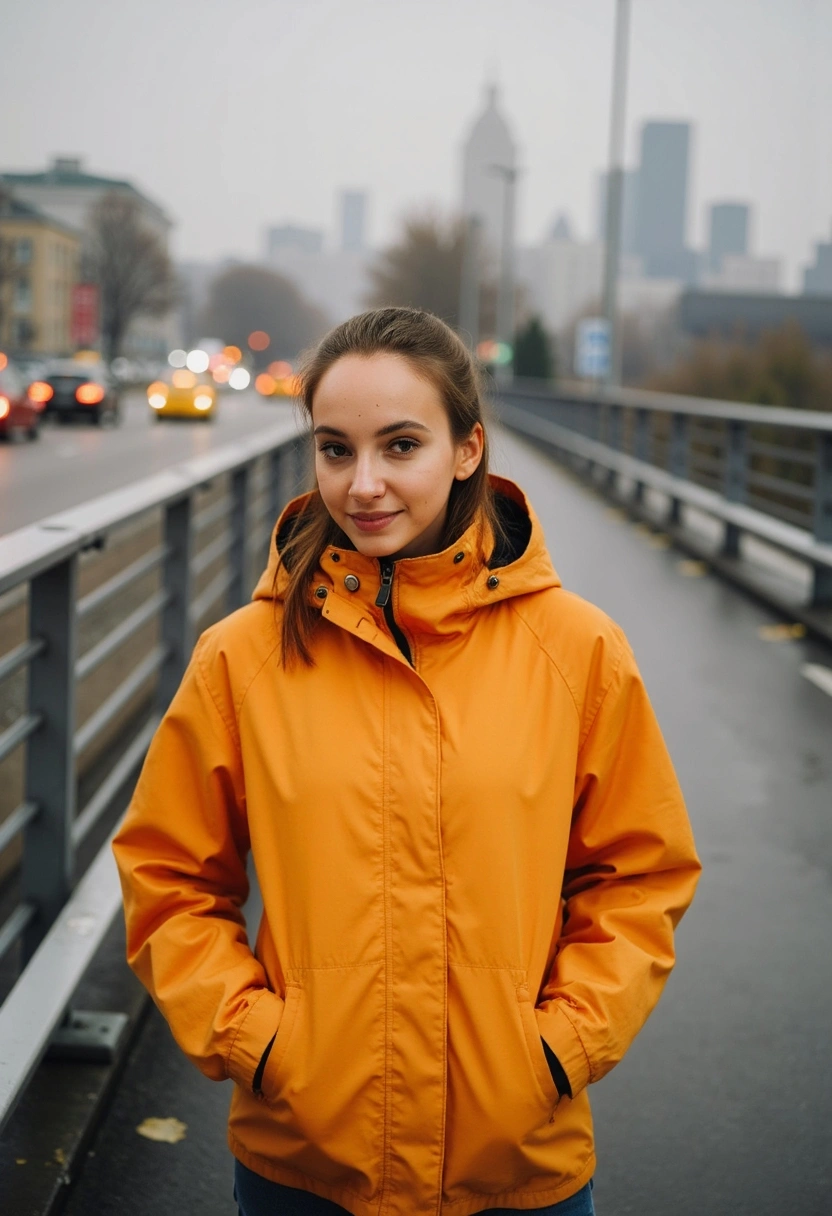 Женщина в яркой куртке стоит на мосту, под которым виден городской трафик, смотрит прямо в камеру