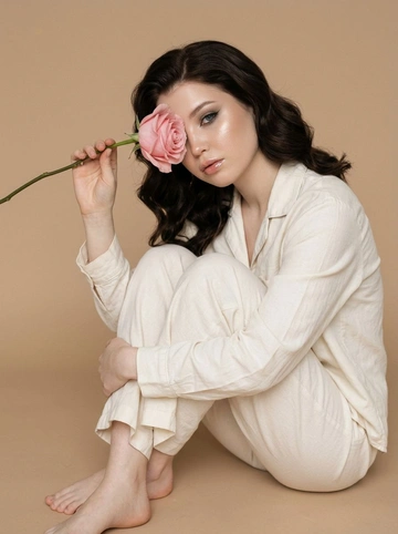 Сохрани внешность человека с исходного фото. Создай студийное фото на котором человек сидит на полу обнимая колени одной рукой. Второй рукой человек держит красивую нежную розу с большим бутоном, бутон цветка закрывает часть её лица. Макияж красивый профессионалный, ровная кожа с естественным сиянием, немного хайлайтера, дымчатые тени, красивые тонкие графичные стрелки, губы в прозрачном блеске. Одежда: светлый хлопковый костюм по типу пижамы, рубашка с длинным рукавом и свободные брюки. Но ноги босые. Фон бежевый, бесшовный и однотонный, фокус на человеке. Естественный свет допустимо лёгкое зерно. Высокое качество фото.

Прическа: Волосы ухоженные уложены крупные волнами.