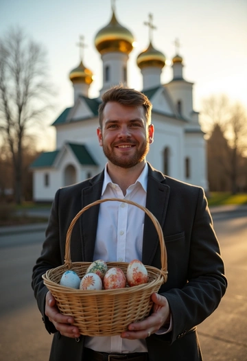 Мужчина в светлой рубашке и тёмном пальто стоит на фоне православного храма, его руки держат корзину с освящёнными куличами и крашеными яйцами. Он смотрит прямо в камеру с доброй улыбкой. Позади золотые купола сверкают на солнце. Крупный план, подчёркивающий торжественность момента.