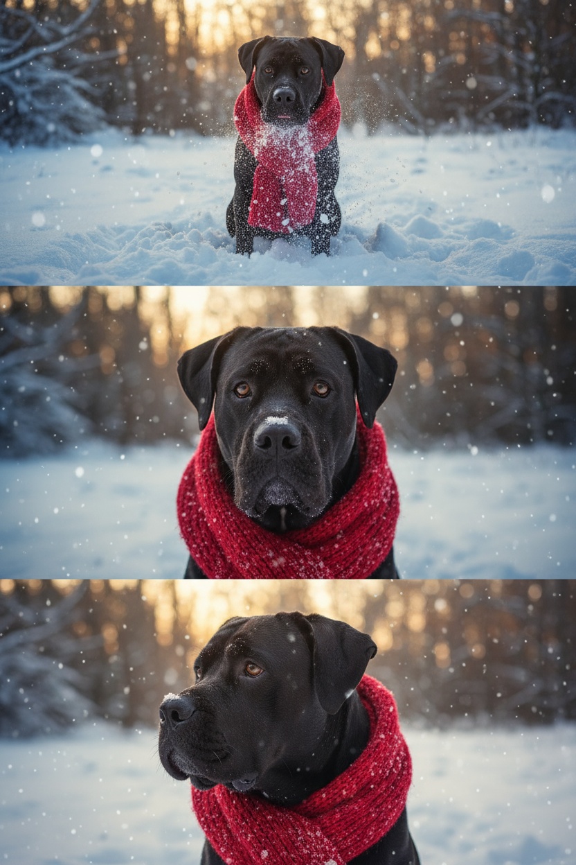     Коллаж из 3-Х фото моего питомца на зимнем фоне в снегу. Питомец в вязаном шарфе, вокруг падает снег, на заднем плане заснеженный лес.

Первый кадр — питомец в полный рост. Он играется со снегом 

Второй кадр — крупный план, увеличенный кадр мордочки питомца с одной снежинкой на носике. Мордочка питомца занимает весь кадр, взгляд прямо в камеру 
 
Третий кадр - портрет питомца, он смотрит в левую сторону. На фото виден шарф, на шарфу есть снежинки 

Три кадра объединены в вертикальный коллаж в едином тоне и свете. Атмосфера — реалистичная, теплая и немного кинематографичная.
Свет мягкий, утренний.  Цвет шарфа - красный 