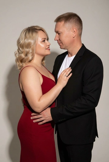 Портрет мужчины и женщины в стиле фэшн фотосессии в фотостудии. Не изменяйте лица. Фон светлый, нейтральный. Тени от фигур падают на фон. Атмосфера интимная и стильная. Женщина в в длинном красном облегающем вечернем платье на тонких бретельках. Волосы уложены в аккуратные волны и блестят от освещения. Кожа сияет. Мужчина в в классическом черном костюме и белой футболке. Композиция выполнена со студийным освещением, которое подчеркивает текстуру кожи и одежды. Цветной кадр: они стоят лицом друг к другу, женщина слегка улыбается, мужчина смотрит на неё с нежностью. Крупный план.