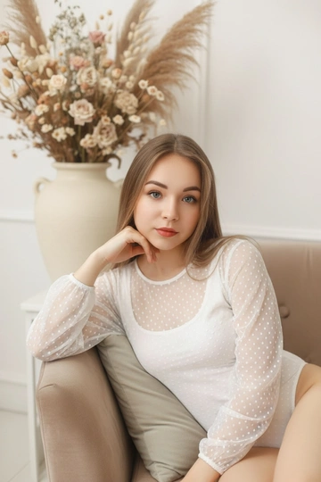 Портретная фотосессия женщины в студии. Светлая и мягкая цветовая гамма, пастельные ткани и уютный интерьер. Она одета в белое боди с длинными рукавами из полупрозрачного фатина в мелкий белыф горошек. Атмосфера спокойствия и утончённости. Fashion portrait, cinematic lighting, ultra realistic, 8K. Крупный план: она сидит на диване, опираясь на руку, взгляд направлен прямо в камеру. На фоне сухие цветы.