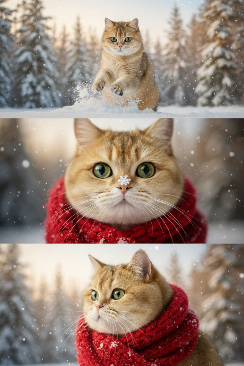     Коллаж из 3-Х фото моего питомца на зимнем фоне в снегу. Питомец в вязаном шарфе, вокруг падает снег, на заднем плане заснеженный лес.

Первый кадр — питомец в полный рост. Он играется со снегом 

Второй кадр — крупный план, увеличенный кадр мордочки питомца с одной снежинкой на носике. Мордочка питомца занимает весь кадр, взгляд прямо в камеру 
 
Третий кадр - портрет питомца, он смотрит в левую сторону. На фото виден шарф, на шарфу есть снежинки 

Три кадра объединены в вертикальный коллаж в едином тоне и свете. Атмосфера — реалистичная, теплая и немного кинематографичная.
Свет мягкий, утренний.  Цвет шарфа - красный 