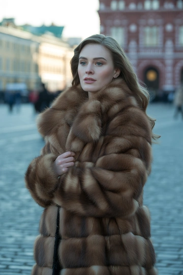 Женщина на Красной площади в длинной соболиной шубе насыщенного коричневого цвета с объемным воротником, стоит в среднем плане лицом к камере, смотрит прямо, на лице гламурный макияж, волосы распущены, атмосфера винтажного советского журнала, акцент на роскоши меха.