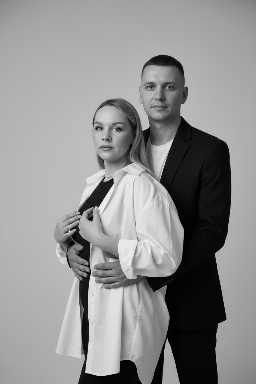 Черно-белый портрет мужчины и женщины в стиле фэшн фотосессии в фотостудии. Не изменяйте лица. Фон нейтральный, однотонный, светло-серый. Атмосфера интимная и спокойная. На переднем плане женщина. Вся композиция выполнена в приглушенной монохромной гамме со студийным освещением, которое подчеркивает текстуру кожи и одежды. Её руки лежат на груди мужчины. Мужчина обнимает женщину сзади, положив свою руку поверх её руки. Она одета в черный топ, белую оверсайз рубашку. Мужчина одет в  классическом черном пиджаке и белой футболке.