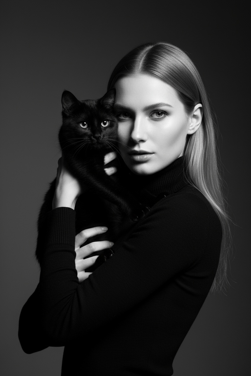 Высококонтрастный черно-белый портрет женщины в черной водолазке, держащей чёрную кошку у лица. Композиция напряжённая и интимная: оба персонажа смотрят прямо в камеру с одинаковой интенсивностью. Яркое и направленное освещение создаёт глубокие тени и подчёркивает контраст между их бледной кожей и тёмной шерстью кошки. Выражение её лица спокойное и уверенное, глаза подведены чётко, а гладкие прямые волосы естественно ниспадают на одно плечо. Фон - градиент от серого к темно-серому. Общее настроение таинственное, элегантное и кинематографичное, напоминающее портрет из модного журнала с готическим подтекстом.