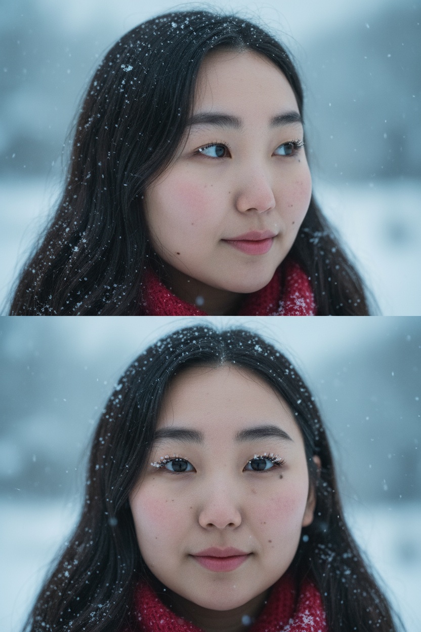 Создай коллаж из двух кадров человека, снятых крупным планом на улице зимой. Камера расположена близко, чтобы в кадре были видны лицо, шея и часть одежды. Главный акцент — на лице, глазах и снежинках, которые легли на волосы и ресницы.

Освещение мягкое, естественное, как в пасмурный зимний день. Вокруг падает лёгкий снег, отдельные снежинки чётко видны в воздухе и на коже. Фон — мягко размытый, с холодными оттенками (бело-голубой, серо-синий).

Первый кадр — человек смотрит в сторону, выражение мягкое, задумчивое, естественное. Крупный план лица, видно часть красного шарфа.
Второй кадр — прямой взгляд в камеру, нейтральное или лёгкое выражение лица, ресницы в снегу. Крупный план лица, видно часть красного шарфа.

Кожа чистая и естественная, без ретуши, текстура лица и губ сохранена. Фото выглядят как профессиональная зимняя портретная съёмка крупным планом, с эффектом свежести и спокойствия.

Оба кадра объединены в вертикальный коллаж в едином тоне и свете. Атмосфера — реалистичная, теплая и немного кинематографичная.