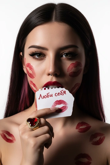   Фотореалистичный портрет крупным планом, кинематографический
вспышка Y2K. Чистый белый фон, драматическое профессиональное верхнее освещение с глубиной и скульптурными тенями. Голова прямо, камера крупным планом на уровне глаз, острый взгляд, томный, томный взгляд. Графичный «лисьий глаз» только во внешних уголках глаз, подчеркнутые ресницы, насыщенная красная помада с более темным контуром.
Она кусает зубами грубо разорванный клочок бумаги, держа его за уголок; на бумаге красной помадой написаны слова
«» и виден отпечаток поцелуя.
Хаотичные следы поцелуев от красной помады на лице, шее, плечах. Золотое кольцо с большим красным сердцем и бриллиантом. Не изменяй черты лица.  На листе бумаги написано "Люби себя"