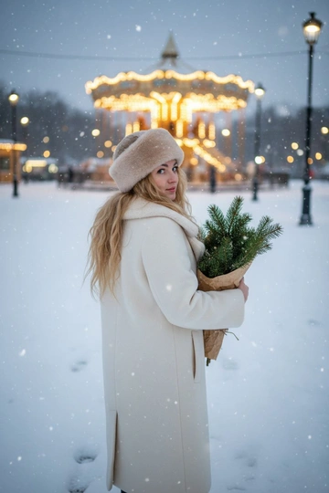 Фотосессия на снежной улице вечером, на фоне ярко освещённой карусели, излучающей тёплый золотистый свет. Женщина одета в плотное кремовое пальто с большим воротником и мягкую бежевую меховую шапку. В руках она держит пучок еловых веток, завернутых в коричневую бумагу. Атмосфера наполнена зимней сказкой, падающим снегом и праздничным настроением. Съёмка со спины сбоку: женщина идёт к карусели, оставляя следы на свежем снегу. Её пальто и шапка подчёркивают элегантность образа.