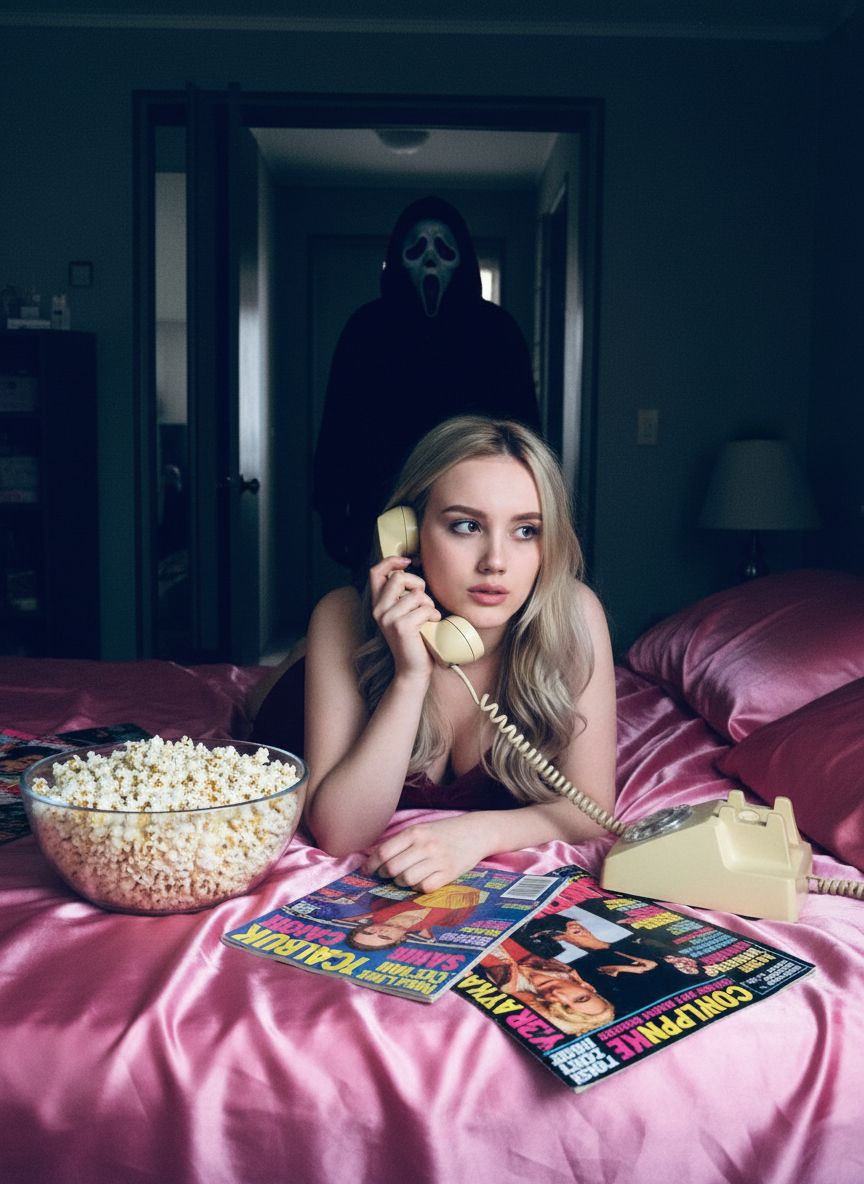 Сделай фото не искажая лица - оно должно оставаться такими же, как на прикрепленной фотографии, эстетика Y2K, сцена из фильма "Крик" 90-х. Персона лежит на кровати, застеленной атласными простынями розового цвета. Персона прижимает к уху старинный стационарный телефон кремового цвета со смотанным шнуром. Рядом с ней стоит миска, наполненная попкорном, и несколько разбросанных подростковых журналов 90-х годов. На заднем плане, в темном дверном проеме коридора, в тени скрывается зловещая фигура Ghostface, его маска частично скрыта, он наблюдает за ней.