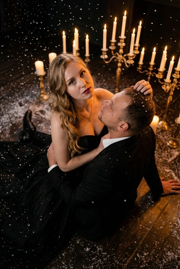 Ракурс камеры чуть сверху и сбоку. Романтическая и драматичная сцена в тёмном помещении. На полу сидит пара — мужчина и женщина верхом на мужчине в тесном, интимном положении. Женщина повернута к камере, её лицо поднято вверх, взгляд в камеру, хорошо освещено мягким тёплым светом. Она смотрит прямо вперёд, немного приоткрыв губы, с выразительным, глубоким взглядом. Если у женщины на фото длинные волосы. то они уложены в роскошные голивудские волны. Если короткие, то волосы просто красиво лежат.  На ней женщине длинное черное платье с лифом-бюстье без бретелей, подчеркивающее силуэт, создающими драматический силуэт.

Мужчина сидит у её груди, склонив голову к ее ключице и смотрит в ее лицо снизу вверх, словно обнимая её, одной рукой. Другой рукой упирается в пол позади себя. Он в чёрном классическом костюме и белой сорочке. Женщина одной рукой держит его за затылок, пальцы мягко погружены в волосы, создавая ощущение близости и страсти.

Вокруг пары падают искусственные снежинки — мелкие белые хлопья, подсвеченные тёплым светом свечей, что создаёт атмосферу зимней магии и романтики. На полу вокруг них разбросан «снег», добавляя глубины сцене.

Позади пары стоят золотистые и латунные канделябры с горящими свечами — тонкие высокие свечи создают мягкое золотое сияние. Из-за низкого освещения фон почти исчезает, оставляя только теплые огоньки и силуэты свечей. Освещение — контрастное: тёплый свет от свечей и мягкая направленная подсветка на лица. Очень темное фото.

Пол — тёмный, возможно деревянный, слегка блестящий от света. Атмосфера кадра — готическая, чувственная, тёплая, драматическая и немного мистическая.