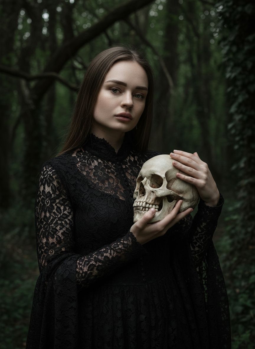 Мрачный готический портрет. Крупный план. Женщина в чёрном кружевном платье бережно держит в руках человеческий череп, позирует спокойно и загадочно. Фон в тёмно-зелёных тонах леса. Атмосфера меланхоличная, элегантная, в готическом и кинематографичном стиле.
