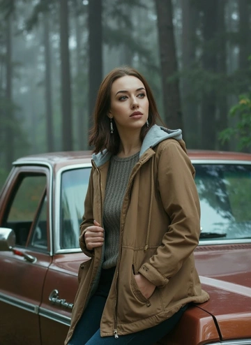 Фотосессия в мрачном лесу в стиле фильма «Сумерки». Женщина с холодным взглядом, одета в тёплую коричневую парку, темно-синие джинсы и серый свитер. Волосы уложены в мягкие естественные волны. На фоне мистический живописный хвойный лес. Атмосфера мистическая, лёгкий туман, темно-зеленая цветовая гамма, сумерки. Кинематографичный кадр, mood photography, twilight vibes, cinematic lighting, ultra-realistic. Сидит на капоте старого красного пикапа, задумчивый взгляд в сторону.