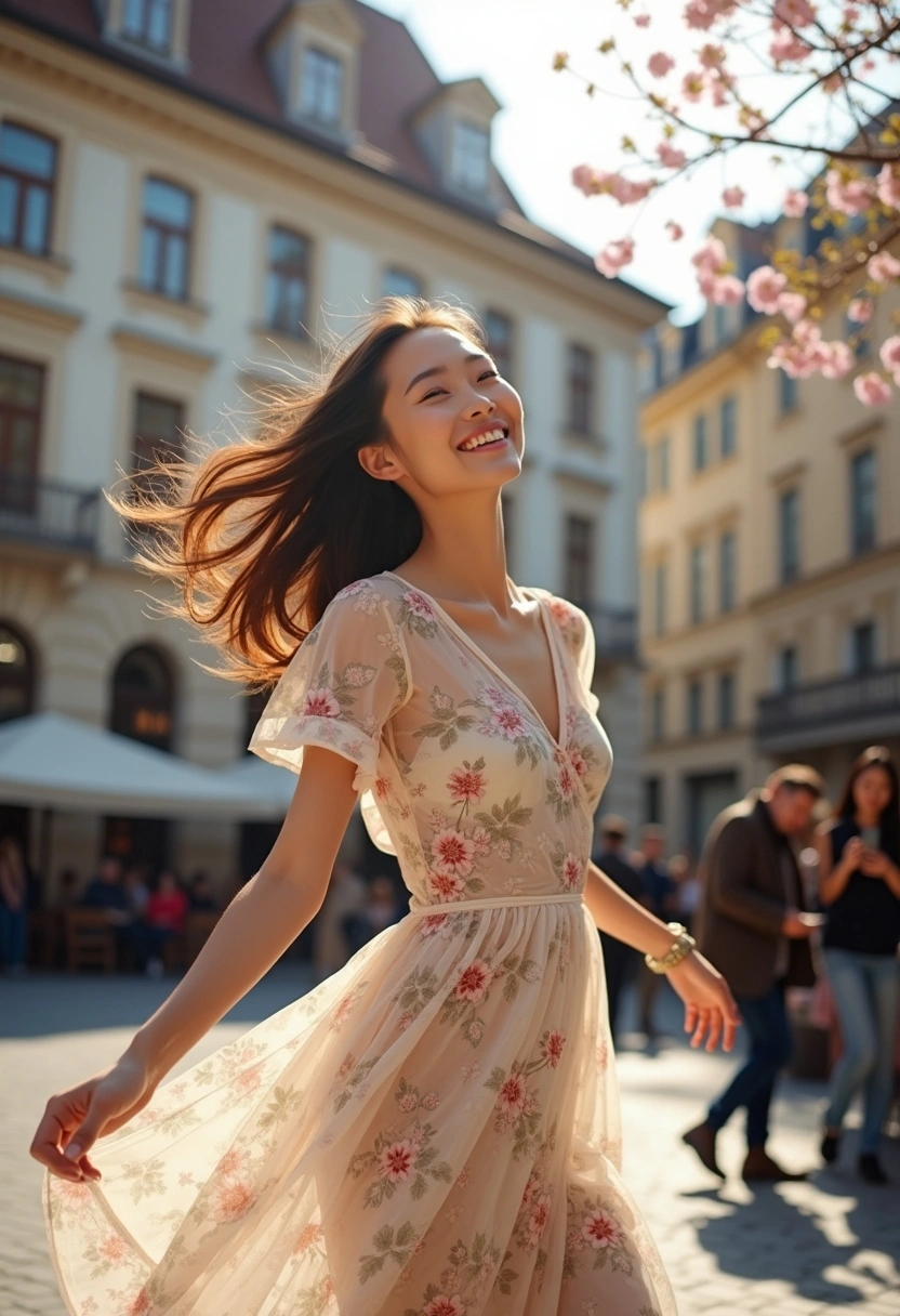 Қаланың ескі алаңында әйел нәзік гүлді өрнекті көктемгі көйлек киіп, көше музыканттарының жанында билеп тұр. Ол еркін және қуанышты, күн сәулесі оның жүзін жылы нұрландырады. Артқы фонда ескі ғимараттардың әсем сәулеті мен гүлдеген ағаштар көрінеді.