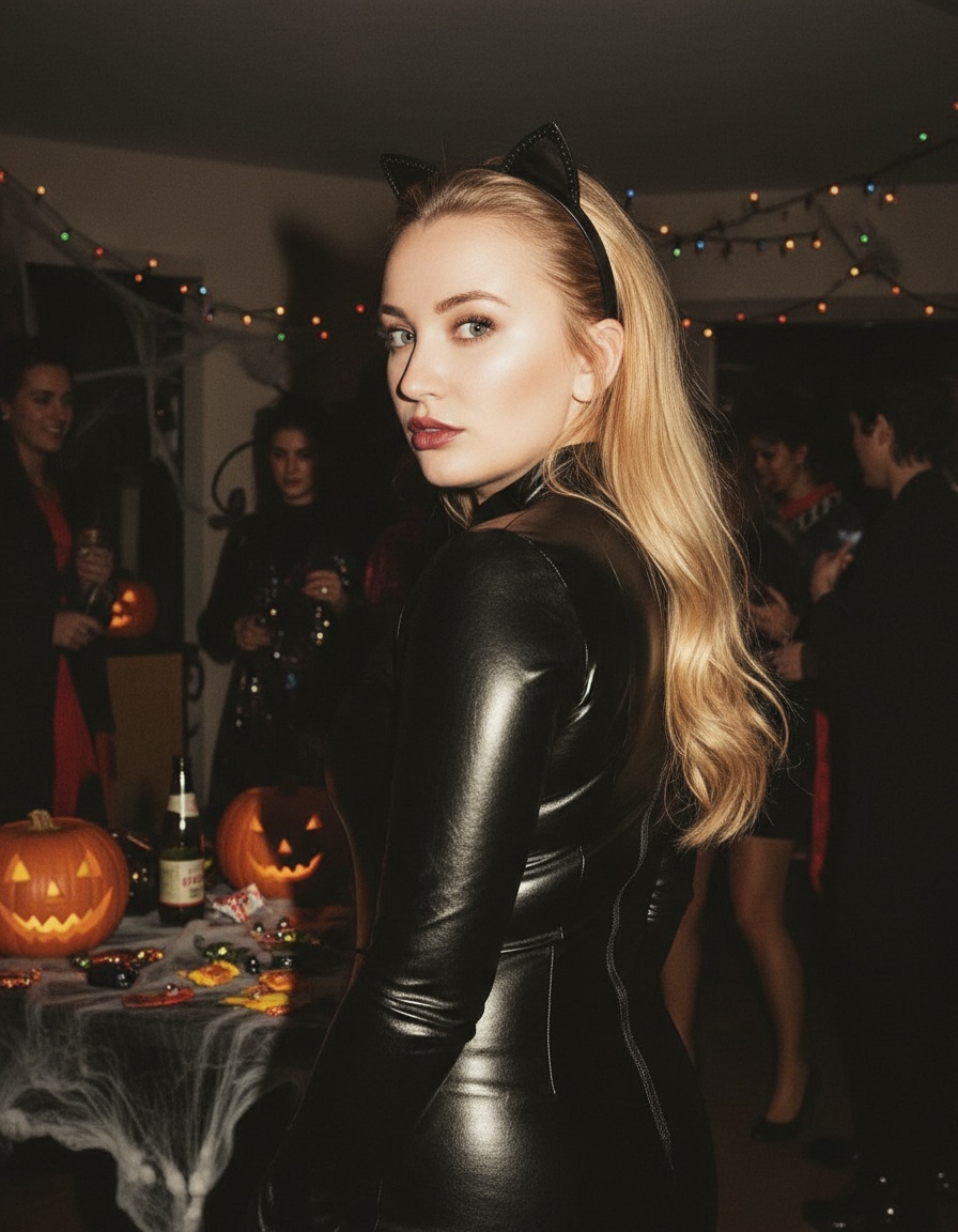 Сфотографируй меня в непринуждённом стиле на вечеринке в честь Хэллоуина. Я оглядываюсь через плечо на вечеринке в честь Хэллоуина в 1994 году. На заднем плане слабое освещение, но снимок сделан со вспышкой. Мой костюм - кожаный облегающий черный костюм женщины кошки, на голове ободок с кошачьими ушками. Черты лица точно такие же. Серьёзное выражение лица.