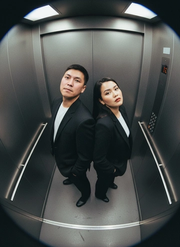 Используй предоставленные изображения и создай фото с двумя людьми в лифте с металлическими стенами. Цветовая гамма с преообладанием серых металлических оттенков. Кадр снят с максимально верхнего ракурса, люди будто заглядывают в камеру, их головы подняты наверх, взгляд в камеру. Легкий эффект fish eye. Реалистичное фото. Зернистость пленочного фото, насыщенные цвета, стиль фото y2k. Сохрани черты лица людей. Они стоят спиной друг к другу. Руки в карманах. Одеты в классические чёрные брючные костюмы, и белые футболки. У женщины красная помада