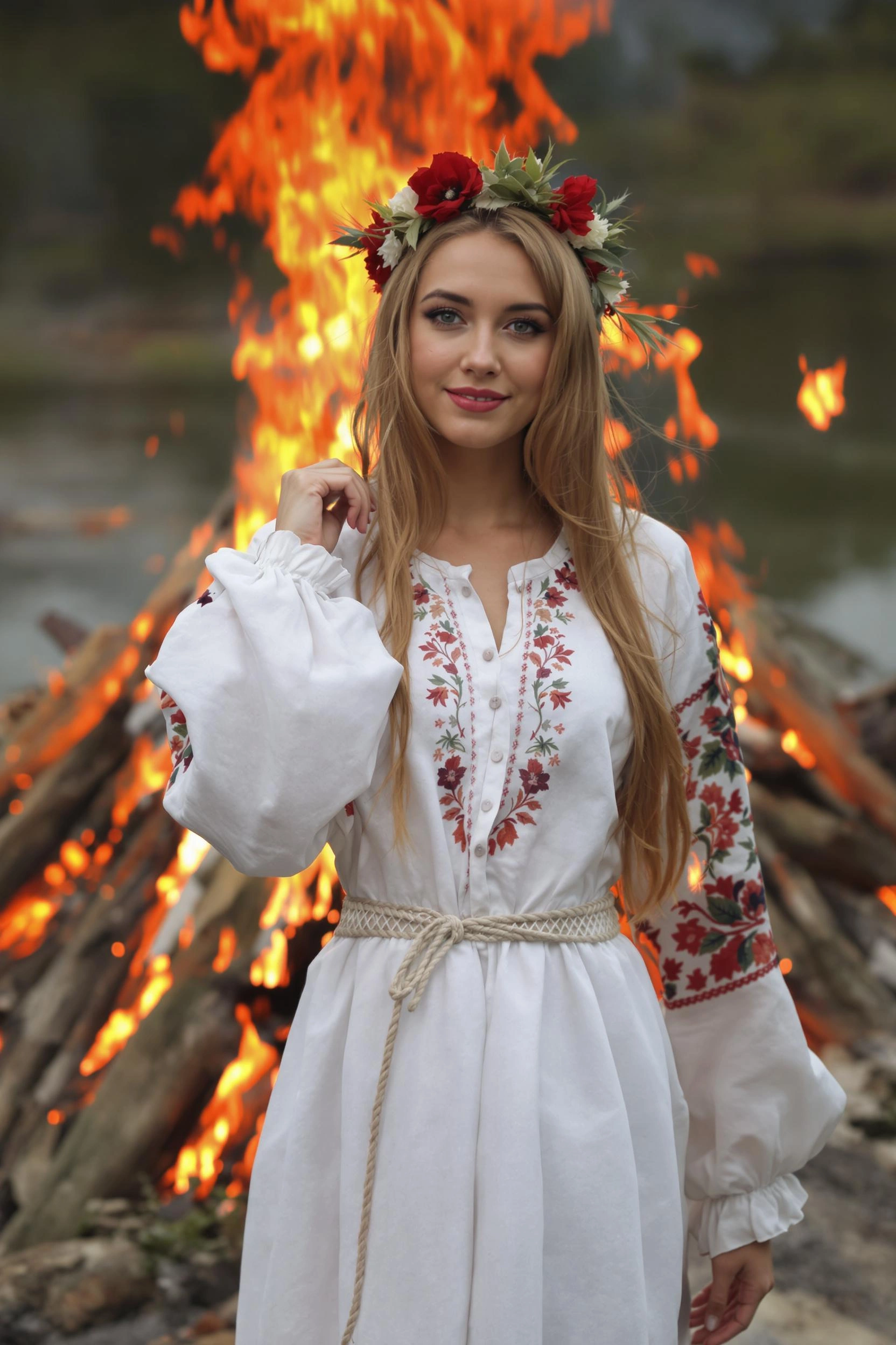 Девушка стоит у воды на фоне горящего костра, одета в длинную белую хлопковую рубаху с вышивкой по вороту и рукавам, тонкий тканый пояс на талии. Венок из луговых трав и маков на голове. Она смотрит в камеру, подняв один локоть и слегка наклонив голову.