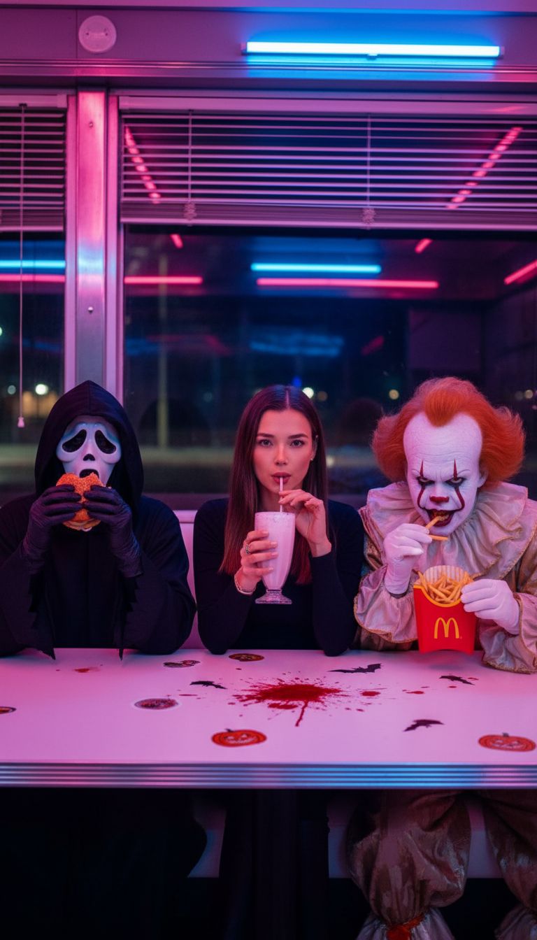 Создайте кинематографическую фотографию на тему Хэллоуина в ночном ретро-американском ресторане, освещённом розовыми и синими неоновыми огнями, отражающимися от стен и окон. За столом сидят три персонажа: слева — человек в маске Призрачного Лица из фильма «Крик», едящий гамбургер; в центре — я, как на прикреплённом изображении, женщина в чёрном костюме, держащая стакан и пьющая розовый молочный коктейль через трубочку. В левой руке она держит соломинку, а в правой — стакан; справа — человек в костюме Пеннивайза, клоуна из фильма «Оно», ест картофель фри из McDonald's. Стол украшен наклейками с летучими мышами и тыквами, а также на нём есть пятна искусственной крови. Атмосфера жуткая, но весёлая, смешивает юмор и ужас. Все трое смотрят в камеру. Высококачественная съёмка, кинематографическое освещение, яркое неоновое свечение, детальные текстуры.