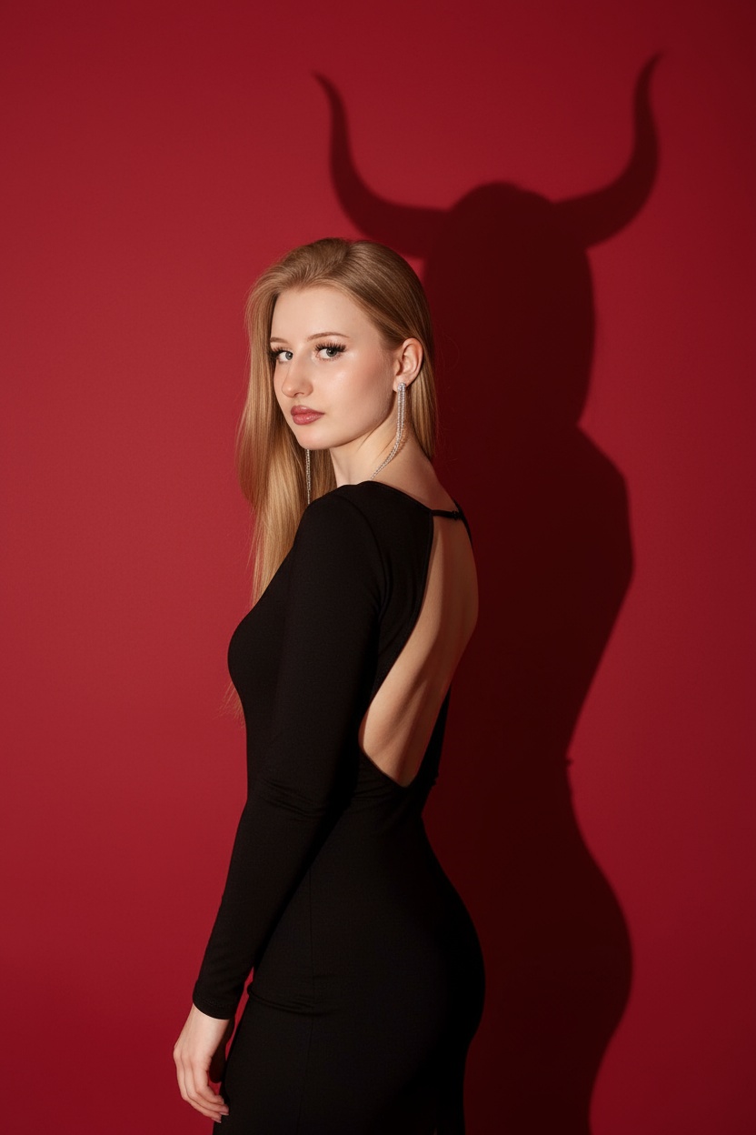 Средний портрет в профиль, девушка стоит боком к камере, лицо повернуто к зрителю. Позади на фоне четкая крупная тень, которая имеет силуэт девушки с рогами — визуальный акцент всей сцены. На девушке обтягивающие черное платье с длинными рукавами, глубокий вырез на спине. Макияж деликатный, акцент на губах и глазах, длинные волосы. Висят длинные серьги. Гладкий красный фон, на котором отбрасывается выразительная тень с большими изогнутыми рогами, как у быка или мифического существа. Окружение минималистичное, ничего лишнего — только девушка и её необычная тень. Важно: не изменять лицо.