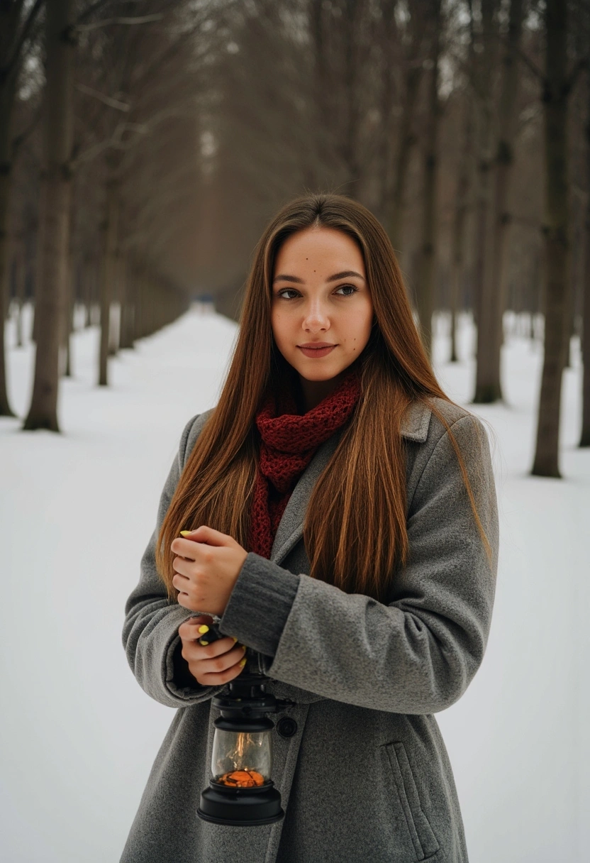 Женщина в меховой шубе и валенках стоит на фоне зимнего леса, держит старинный фонарь, смотрит прямо в камеру