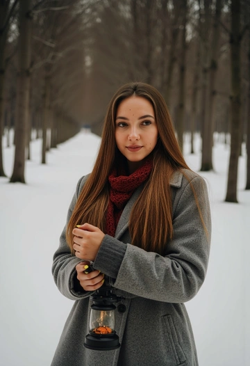 Женщина в меховой шубе и валенках стоит на фоне зимнего леса, держит старинный фонарь, смотрит прямо в камеру