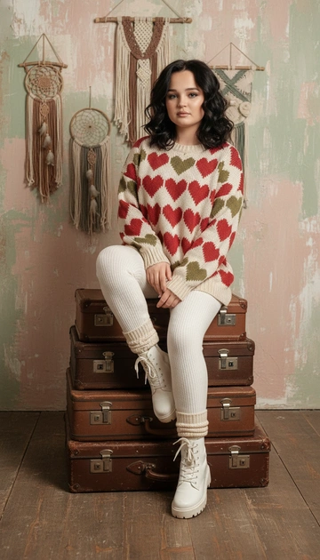 A teenage girl is sitting on a stack of vintage, brown leather suitcases placed on a wooden floor in an indoor setting. The backdrop is a textured wall with a mix of worn-out paint and pastel tones, and there are decorative knitted hanging items on the wall.

She is wearing an oversized knitted sweater with a pattern of red and green hearts, milk ribbed leggings. On her feet, she is wearing white lace-up boots with thick soles, complemented by soft, textured socks that are slightly visible above the boots.

The lighting is soft and indirect, creating a warm and cozy atmosphere that enhances the earthy and neutral tones of the scene. The textures include the roughness of the wooden floor, the worn leather of the suitcases, and the softness of the knitted sweater. The skin texture looks natural, and her hands are positioned resting on her lap in anatomically correct positions. The color palette consists of muted browns, creams, whites, and pops of red and green.