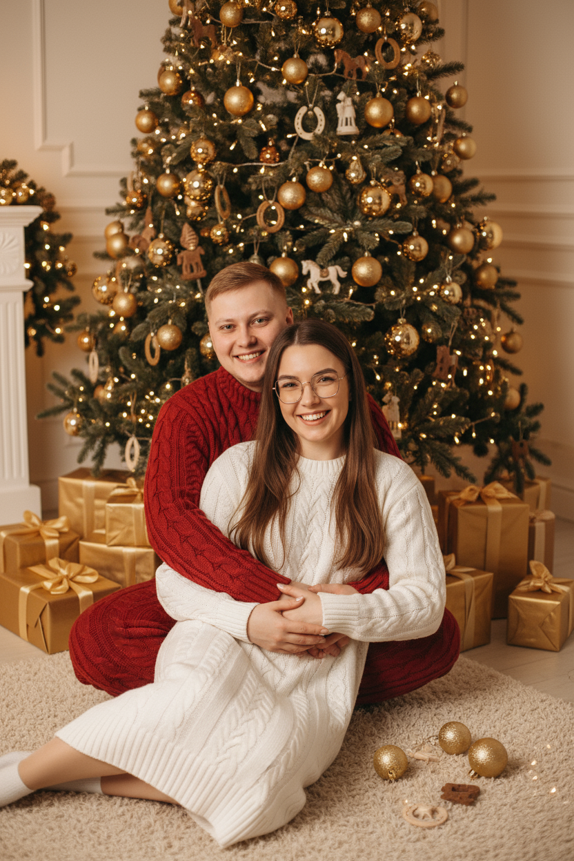 Используй предоставленные изображения и создай фото из домашней новогодней фотосессии. Не меняйте черты лица. . В кадре мужчина и женщина, они сидят на полу в обнимку, улыбаются и смотрят в камеру. Мужчина обнимает женщину сзади за талию. На женщине надето вязаное длинное платье с длинными рукавами. На мужчине вязаный свитера и штаны. На заднем плане стоит наряженная елка с игрушечными шарами, игрушечными лошадками, игрушечными подковами. Под елкой разложены подарочные коробки, перевязанные золотыми лентами. Рядом с парой лежат несколько елочных игрушек как на елке. Фотография выполнена в теплой цветовой гамме. Атмосфера уютная и праздничная. цвет платья девушки- белый, девушка стройная, цвет свитера и штанов мужчины - красный