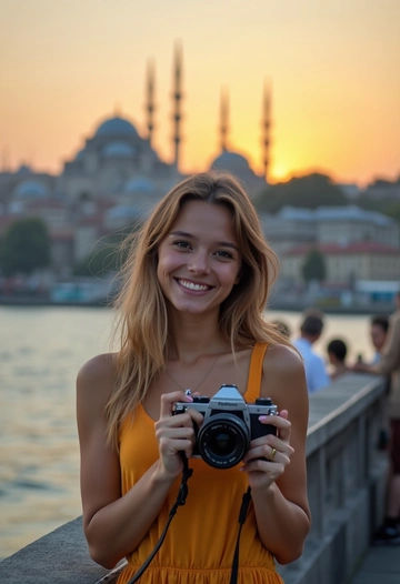 Женщина стоит на фоне закатного неба, с видом на мечети и Босфор, в руках у неё камера. Она улыбается и смотрит прямо в объектив. Крупный план, атмосфера туристической лёгкости и вдохновения.