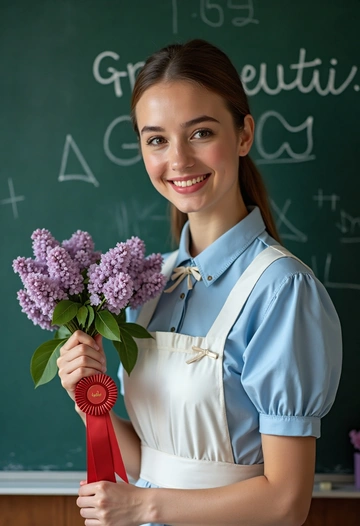 Девушка в классической школьной форме с белым фартуком и большими белыми бантами стоит у школьной доски, в руках держит букет сирени. Она улыбается в камеру, на груди — красная лента 'Выпускник'. Крупный план, акцент на советской атмосфере.