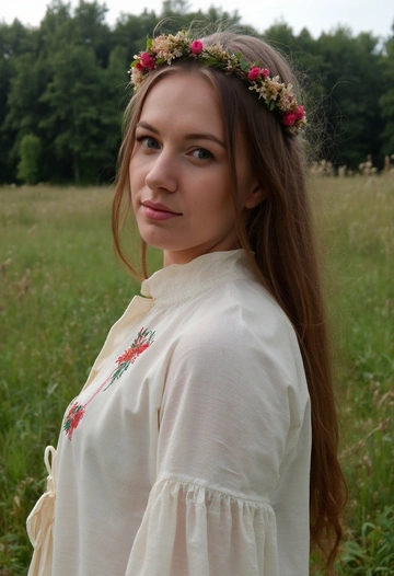 Фото в стиле праздника Ивана Купалы. Женщина одета в длинную белую рубаху в славянском стиле с вязочками на воротнике и длинными пышными рукавами.  На одеянии и на рукавах видна вышивка красного цветов. На голове у женщины венок из полевых цветов и травы. Волосы заплетены в косу. Лето, зеленые поля. Мистическая, сказочная атмосфера, вечер, мягкое освещение. Крупный план лица. Она стоит полубоком, акцент на лицо, волосы и венок. Фон размвытый, очертания леса.