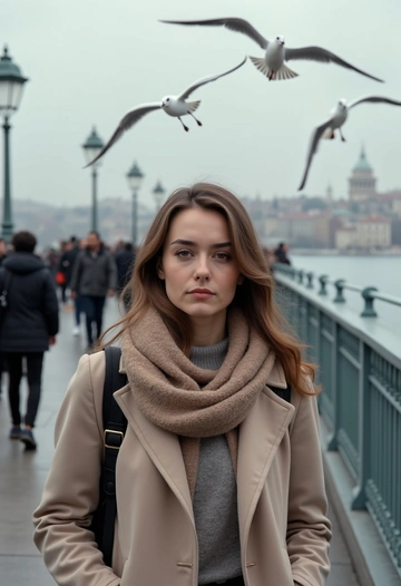Женщина идёт по Галатскому мосту, на фоне — рыбачащие люди, чайки, Босфор. Она одета в лёгкий плащ и шарф. Смотрит в камеру, акцент на движении и повседневной жизни. Крупный план.