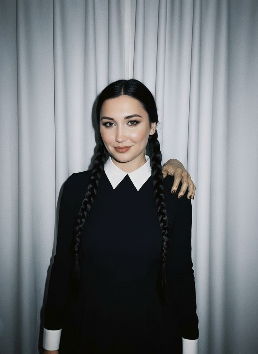 Фото в стиле полароида, слегка размытое и снятое со вспышкой в тёмной комнате. На фоне белая штора. Женщина стоит расслабленно, с милой улыбкой, в образе Уэнсдей Аддамс: чёрное платье, две косы. На плече — Рука (Thing). Сохранять настоящее лицо. Атмосфера немного жуткая, но забавная, как причудливый кадр с юмором.