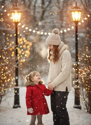 Фотореалистичный зимний портрет на улице: мама и дочка 4 лет  стоят рядом под падающим снегом, украшенные гирлянды на фоне. Тёплый свет фонарей, пар от дыхания, натуральные эмоции. Чёткий фокус, мягкое боке, праздничное настроение, реалистичные текстуры, профессиональная съёмка.