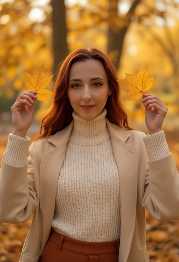 Портретная фотосессия женщины в осеннем стиле. На женщине надето: молочный вязаный свитер с высоким горлом, длинное свободное бежевое пальто и коричневые широкие брюки,  . волосы распущенные, слегка волнистые. Фон — золотые осенние листья и мягкий солнечный свет. Атмосфера тёплая, уютная. Fashion portrait, cinematic lighting, ultra realistic, 8K. Крупный план: она держит два листа в руках по бокам лица, создавая рамку, смотрит в камеру с лёгкой улыбкой.