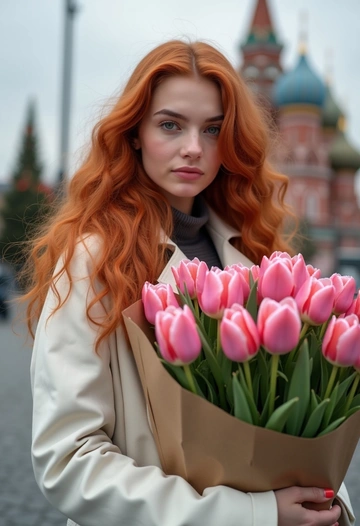 Женщина с рыжми динными волнистыми волосами в белом длинном тренче держит в руках большой букет розовых тюльпанов в крафтовой бумаге. На фоне размытые очертания старинной архитектуры Москвы.