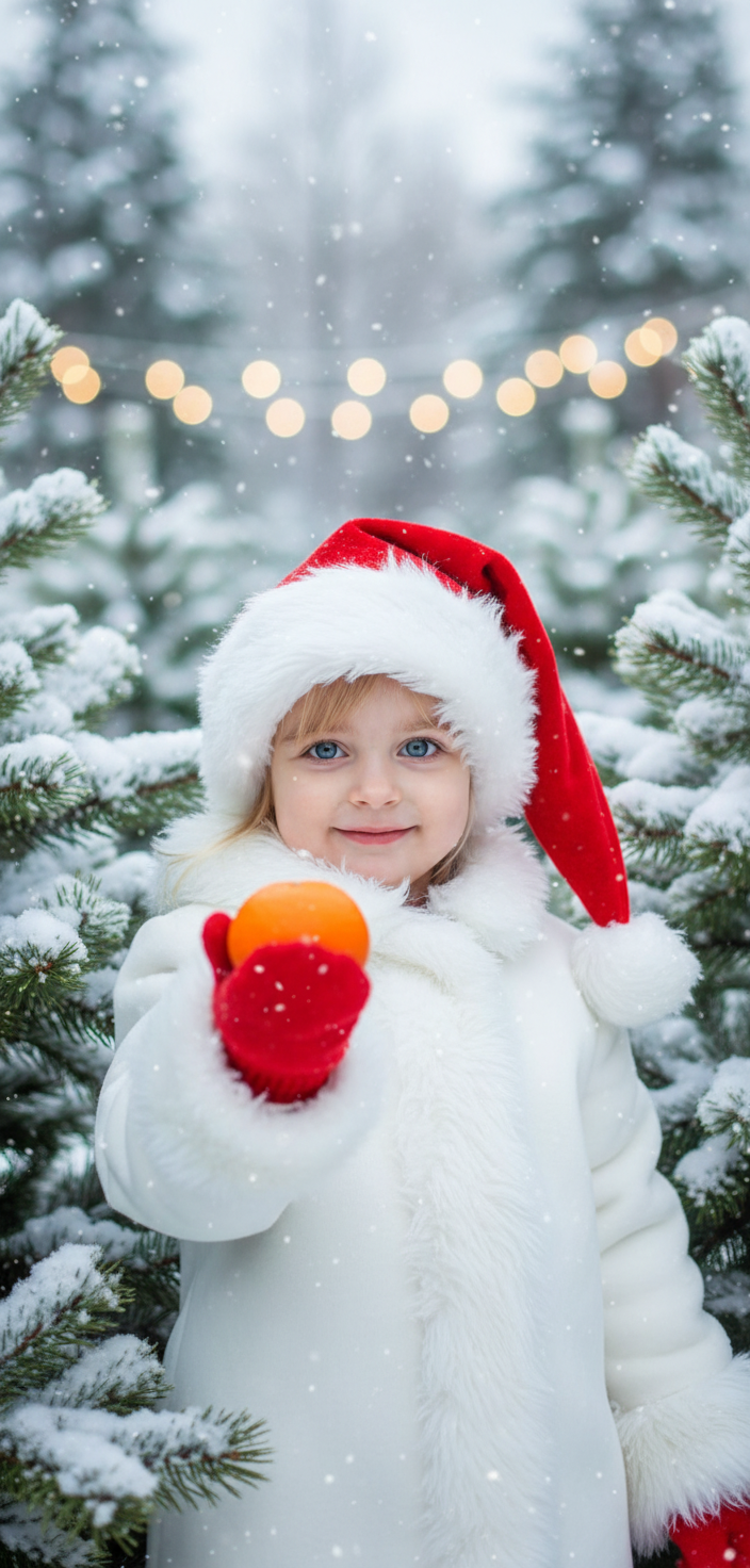 Создайте портрет улыбающегося ребенка в 8K-качестве, в длинной шапке Санты Клауса, красных варежках и белое зимнее пальто или куртка с отделкой и подкладкой из белого меха или шерпы на воротнике, манжетах и спереди поверх. Ребенок протягивает одной рукой в камеру мандарин. Справа и слева видны заснеженные сосновые ветки. Это идиллическая и праздничная зимняя фотография с мягким падающим снегом. Bзображение передаёт нежное, игривое и немного волшебное ощущение. Сохраните черты лица человека на представленном фото.