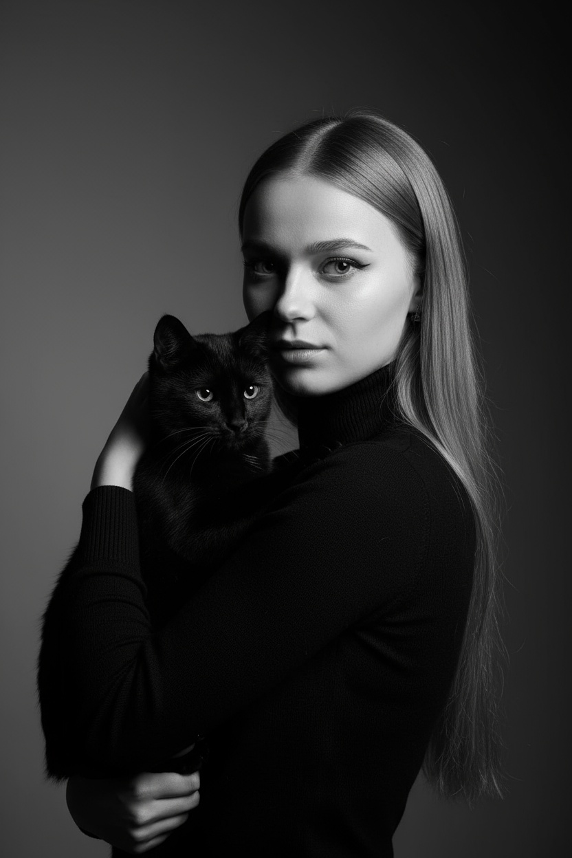 Высококонтрастный черно-белый портрет женщины в черной водолазке, держащей чёрную кошку у лица. Композиция напряжённая и интимная: оба персонажа смотрят прямо в камеру с одинаковой интенсивностью. Яркое и направленное освещение создаёт глубокие тени и подчёркивает контраст между их бледной кожей и тёмной шерстью кошки. Выражение её лица спокойное и уверенное, глаза подведены чётко, а гладкие прямые волосы естественно ниспадают на одно плечо. Фон - градиент от серого к темно-серому. Общее настроение таинственное, элегантное и кинематографичное, напоминающее портрет из модного журнала с готическим подтекстом.