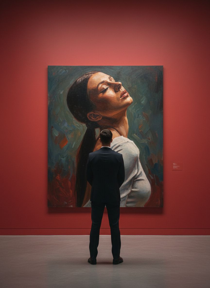 Создай сцену в галерее современного искусства, используй прилагаемое изображение лица и внешности человека, не меняя черты лица. На стене висит большой портрет человека маслом. Её лицо и верхняя часть тела написано в реалистичной, экспрессивной манере масленной живописи с текстурированными мазками и приглушенными цветами. Чистая красная стена галереи создаёт профессиональную атмосферу выставки благодаря мягкому освещению, освещающей произведения искусства. Перед картиной с видом сзади, стоит мужчина рассматривая картину, что придаёт сцену кинематографическое и таинственное настроение.