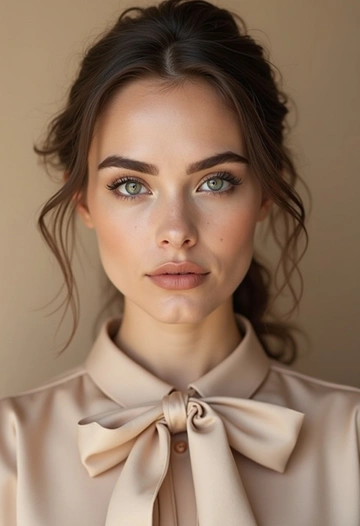 Женщина с идеально прорисованными густыми бровями, мягким smoky eyes в серо-бежевых тонах и губами нежного бежево-персикового оттенка. Её одежда — шёлковая блуза бежевого оттенка с бантом у воротника. Фон — бежевая циклорама, идеально сочетающаяся с оттенками её профессионального макияжа.