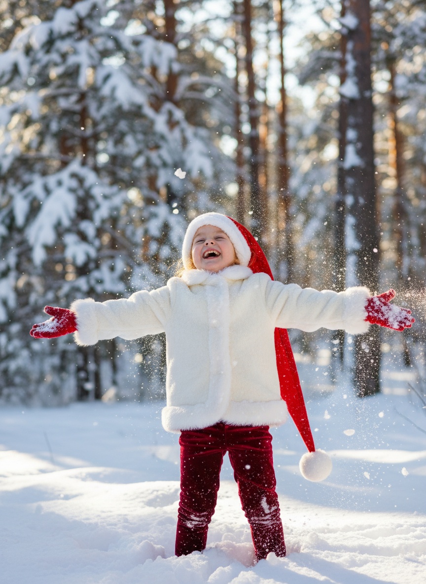 Создайте фотографию жизнерадостного ребенка, одетого в  белое зимнее пальто или куртку с белой меховой или шерповой отделкой и подкладкой на воротнике, манжетах и ​​спереди. На нем темно-красные/бордовые бархатные или теплые тканевые брюки и красные варежки. Шапка/бини: На нем яркая красная шапка эльфа (как у Санты, но гораздо длиннее) с длинным козырьком до бедра и белым помпоном на верхушке, поднимающая снежное облако на фоне заснеженного леса в солнечный зимний день. Руки ребенка раскинуты, а голова запрокинута назад от смеха, а вокруг него сверкают снежинки. Освещение яркое и естественное, подчеркивающее текстуру снега и движения ребенка. Сохрани черты лица человека на представленной фотографии такими, какие они есть.