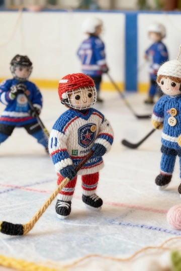 Используя загруженное изображение в качестве основы, создайте произведение искусства из ниток своими руками — диораму из пряжи и фетра. Макросъёмка, мягкий рассеянный свет, пастельная палитра, высокая детализация волокон и стежков, уютная, сказочная атмосфера и слегка уменьшенный масштаб, как в диораме. Если на фото изображены люди - изобрази их в стиле вязаных человечков с глазами-пуговицами.