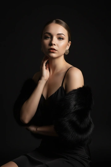 Студийный портрет женщины, выполненный в драматичном стиле. Фон тёмный, почти чёрный. Освещение направленное, создающее игру света и тени на лице и теле. Женщина одета в черное платье на тонких бретелях. Волосы убраны гладко убраны назад. На плечи накинута темная пушистая накидка из искусственного меха. На женщине надеты крупные серьги-пусеты круглой формы с неровной текстурой. Атмосфера сдержанная и элегантная. Цветовая гамма приглушённая, с акцентом на тёмные тона и небольшим добавлением тёплых оттенков на коже и губах. Детализированное лицо, фотография в стиле fashion editorial, cinematic lighting, ultra realistic. Она смотрит в камеру. Рука нежно касаются шеи.