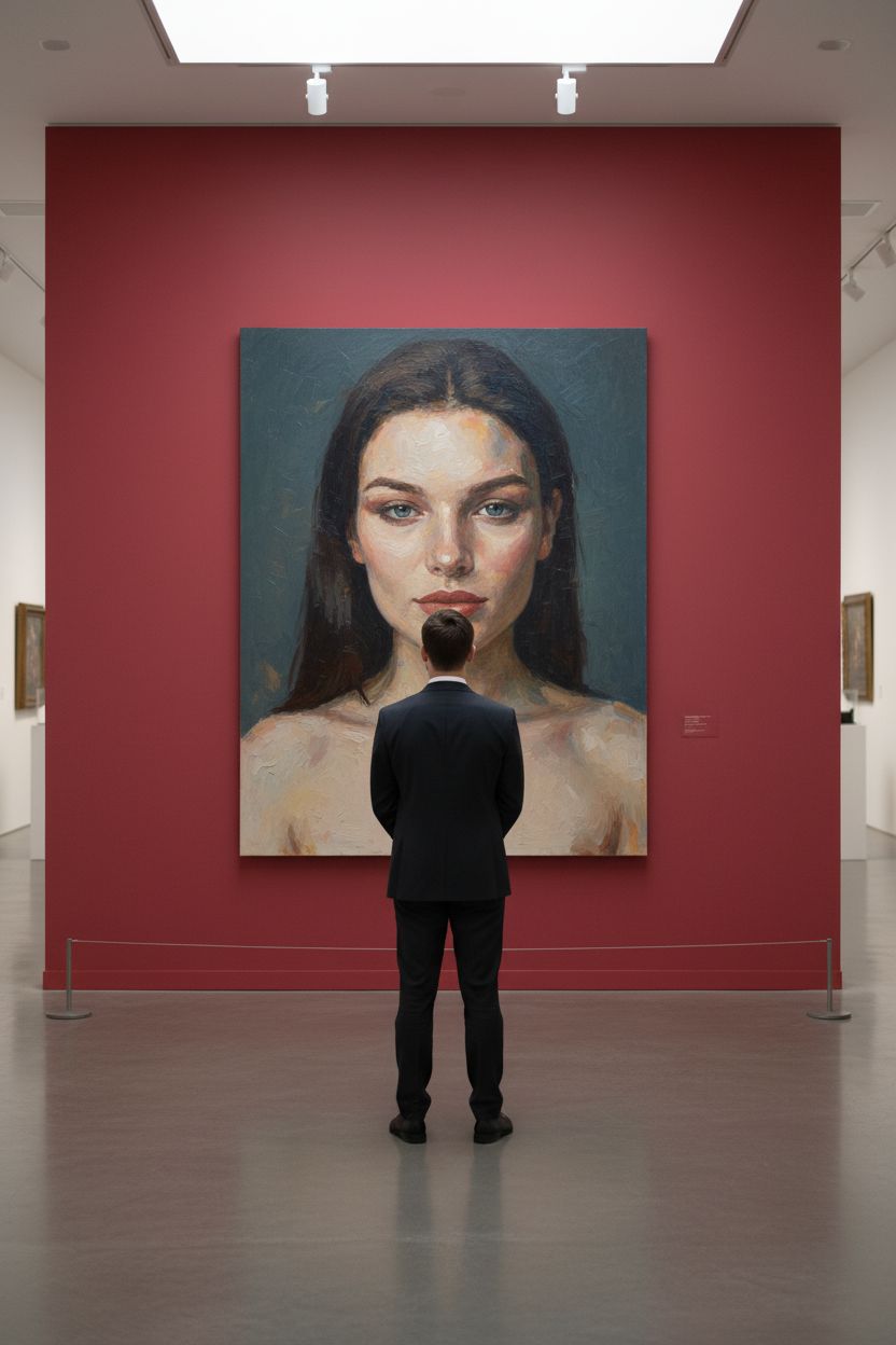 Создай сцену в галерее современного искусства, используй прилагаемое изображение лица и внешности человека, не меняя черты лица. На стене висит большой портрет человека маслом. Её лицо и верхняя часть тела написано в реалистичной, экспрессивной манере масленной живописи с текстурированными мазками и приглушенными цветами. Чистая красная стена галереи создаёт профессиональную атмосферу выставки благодаря мягкому освещению, освещающей произведения искусства. Перед картиной с видом сзади, стоит мужчина рассматривая картину, что придаёт сцену кинематографическое и таинственное настроение.