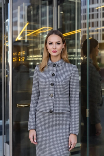 Деловая женщина в прямом вязаном жакете Chanel и юбке, средний план, стоит у остекленного входа бизнес-центра в мегаполисе, уверенно смотрит прямо в камеру, руки расслаблены вдоль тела, вокруг отражения современного города, утренняя деловая атмосфера.