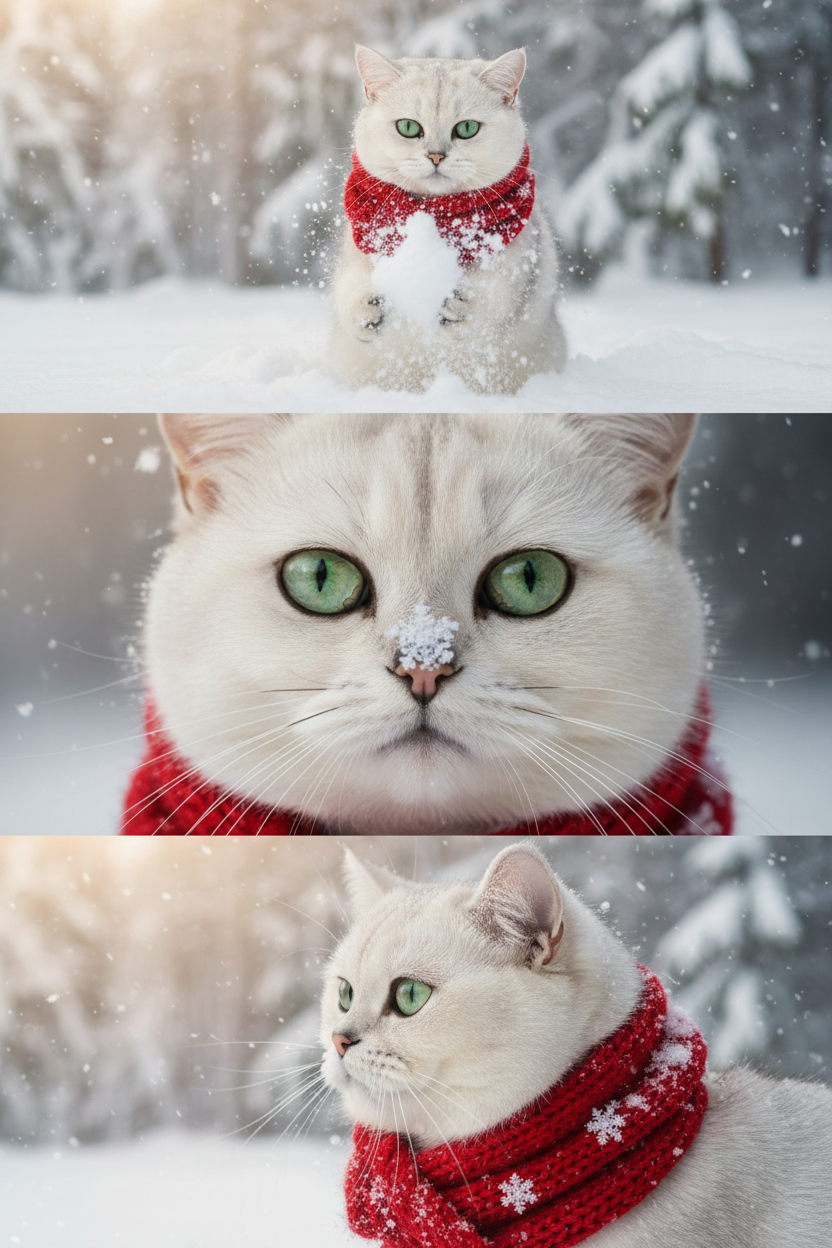     Коллаж из 3-Х фото моего питомца на зимнем фоне в снегу. Питомец в вязаном шарфе, вокруг падает снег, на заднем плане заснеженный лес.

Первый кадр — питомец в полный рост. Он играется со снегом 

Второй кадр — крупный план, увеличенный кадр мордочки питомца с одной снежинкой на носике. Мордочка питомца занимает весь кадр, взгляд прямо в камеру 
 
Третий кадр - портрет питомца, он смотрит в левую сторону. На фото виден шарф, на шарфу есть снежинки 

Три кадра объединены в вертикальный коллаж в едином тоне и свете. Атмосфера — реалистичная, теплая и немного кинематографичная.
Свет мягкий, утренний.  Цвет шарфа - красный 
