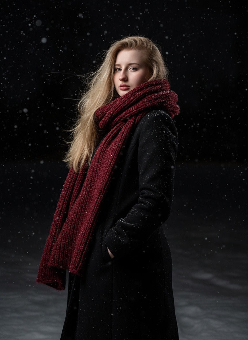  : Keep the facial features from the uploaded image...H..A tight Close-up Portrait, focus eyes. The woman is Posing elegantly, turning her back over her shoulder with gentle and slightly sad eyes. long hair. A long black coat
An outdoor, low-key, dark night, cold, and snow environment,
The context is clearly wintry and windy, with fine white particles (snow) visibly hitting the subject's hair and coat. 2 hands in coat pockets.
The atmosphere is moody, sad, and emotionally intense. Snow falling all over the frame creates depth for the photo. The scarf is a oversized, very thick, chunky knit in an dark red color around her neck and The very long tail of the scarf falls over the shoulders.
The lighting is professional studio directional light from the left, high contrast, [ ⚠️keep this credit if sharing prompt - tik: tomthichsongao ]