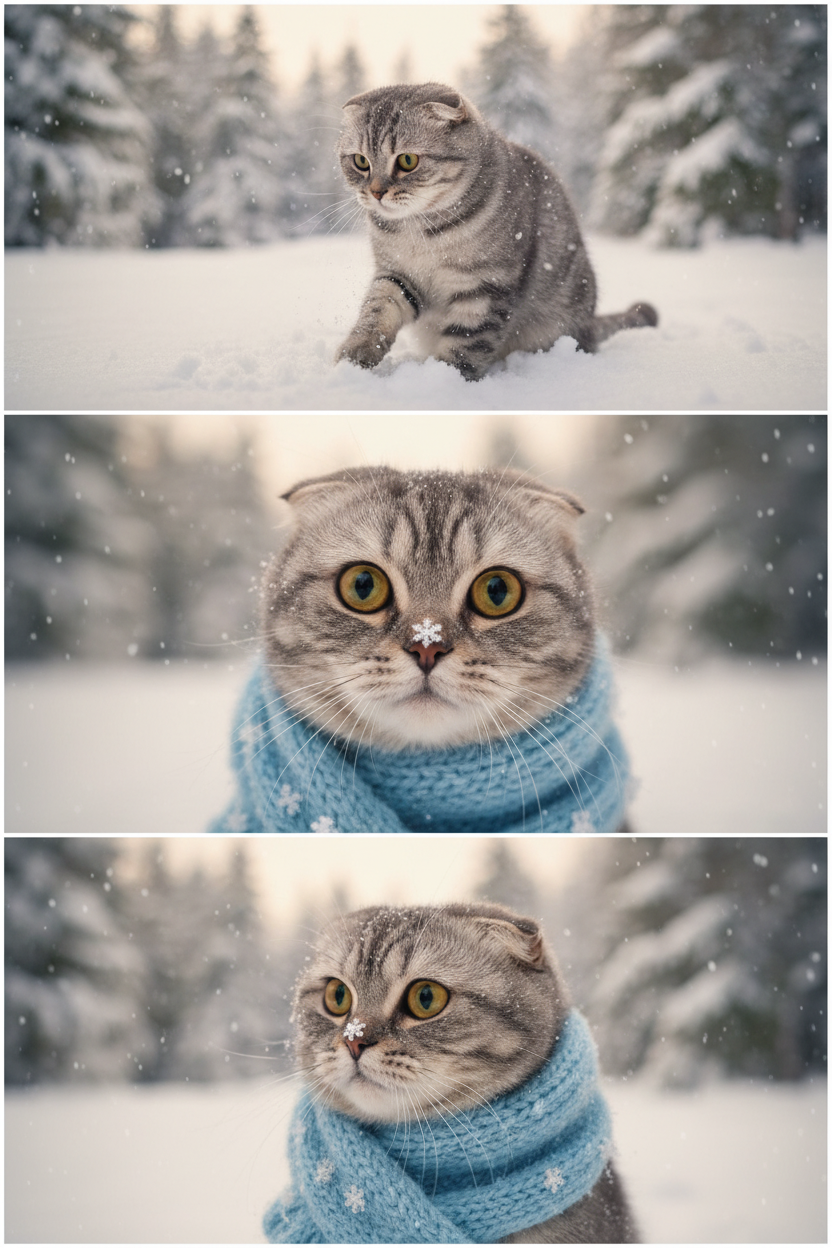     Коллаж из 3-Х фото моего питомца на зимнем фоне в снегу. Питомец в вязаном шарфе, вокруг падает снег, на заднем плане заснеженный лес.

Первый кадр — питомец в полный рост. Он играется со снегом 

Второй кадр — крупный план, увеличенный кадр мордочки питомца с одной снежинкой на носике. Мордочка питомца занимает весь кадр, взгляд прямо в камеру 
 
Третий кадр - портрет питомца, он смотрит в левую сторону. На фото виден шарф, на шарфу есть снежинки 

Три кадра объединены в вертикальный коллаж в едином тоне и свете. Атмосфера — реалистичная, теплая и немного кинематографичная.
Свет мягкий, утренний.  Цвет шарфа - голубой