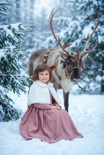 Профессиональная детская фотосессия в зимнем лесу. Не меняй внешность, пол, возраст и черты лица ребенка, представленного на фото. Девочка одета в пыльно-розовое платье принцессы с длинными рукавами, белая меховая накидка, волосы распущеныи и уложены в волны,. Сказочная атмосфера Рождества и волшебства. Заснеженные ели, чистый белый снег, мягкий рассеянный зимний свет. Рядом с ребёнком — величественный северный олень с роскошными рогами и рождественской упряжкой, украшенной аккуратными ремнями и декоративными элементами. Олень спокойный и доброжелательный, как персонаж сказки.. Чёткий фокус на эмоциях. Художественный стиль, высокая детализация, эффект дорогой профессиональной фотосъёмки, мягкое боке, кинематографичная глубина резкости. Голубоватый оттенок, подчёркивающий зимнюю атмосферу. Крупный портретный кадр. Ребёнок на переднем плане, лицо полностью в фокусе. Животное находится позади, слегка размытый. Мягкий зимний свет, холодная палитра с серебристыми бликами, ощущение рождественского чуда.