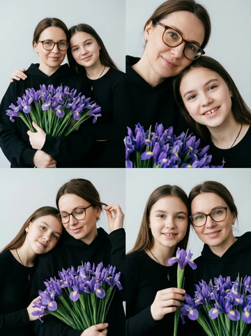Фотореалистичный кинематографический коллаж в стиле фотобудки 2×2 из четырёх интимных портретов двух женщин крупным планом, расположенных в бесшовной сетке 2×2, на каждом кадре показана разная поза и выражение лица. Лицо не меняются.  

Персонажи: женщины — это реальные люди с загруженной фотографии или фотографий. Использовать ТОЧНОЕ сходство лиц с реальными людьми с загруженного фото или фотографий:
узнаваемые черты лица, форма глаз, носа, губ, без изменения внешности, приоритет портретного сходства, с сохранением узнаваемости лиц, причёсок и пропорций.

Фотосессия к 8 марта. 
Создай трогательные кадры из профессиональной фотосессии в студии, где запечатлены моменты близости матери и ее дочери. Сделай так, чтобы все они смотрелись гармонично и трогательно. Мама одета в дорогой спортивный костюм оверсайз. Очки как на фото. Дочь одета в подходящую по стилю фотосессии. Освещение холодное. Фон светлый, бесшовный. Фото в стиле Энни Лейбовиц, четкий фокус. У мамы в руках огромный букет ирисов. Люди смотрят в камеру с мягкой улыбкой.
